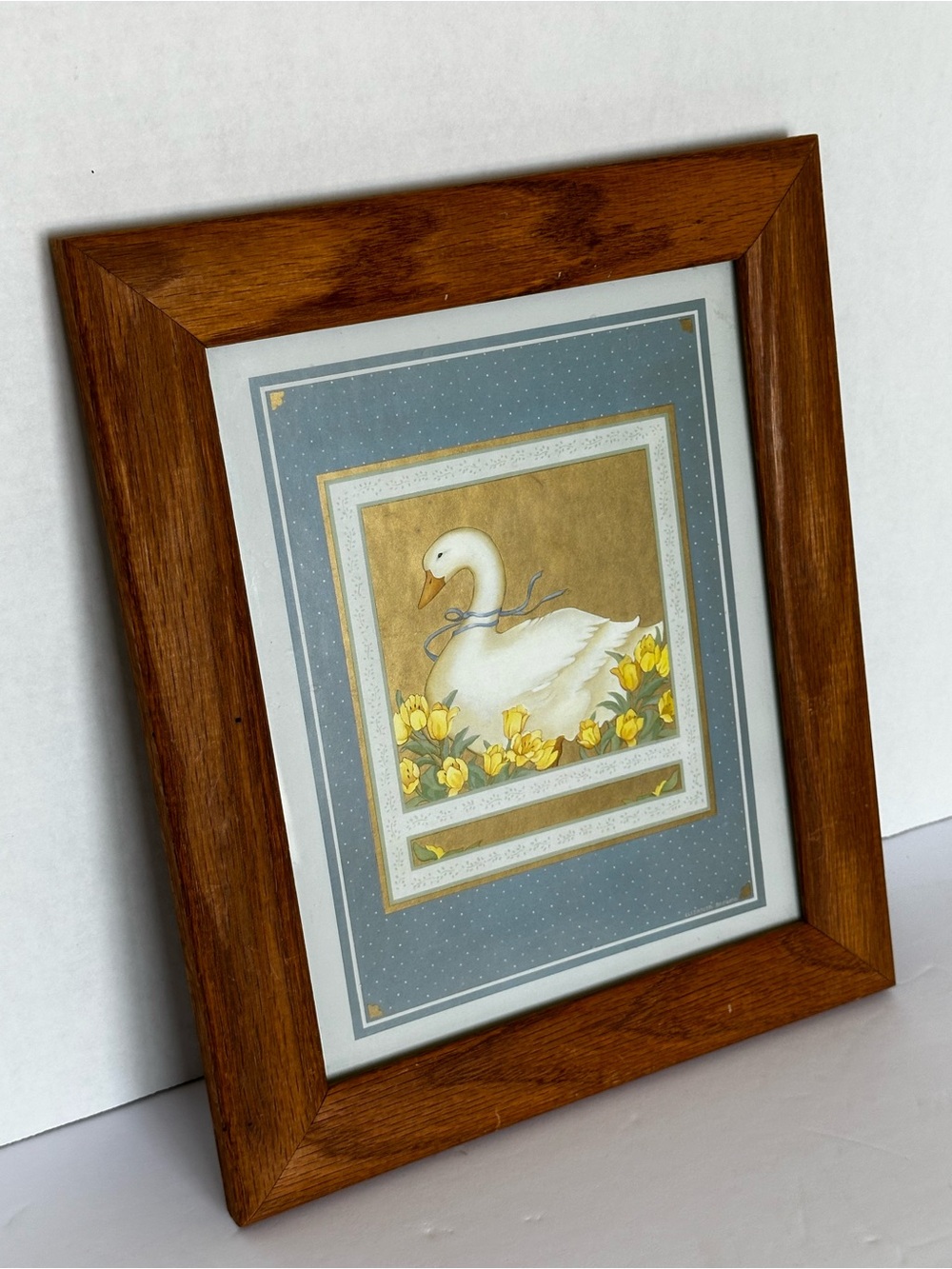Wood Frame Swan Print in Brown with Yellow Accents